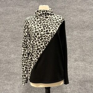 Vince Camuto Pullover Sweater Womens Medium Black Leopard Print Cowl Neck Top